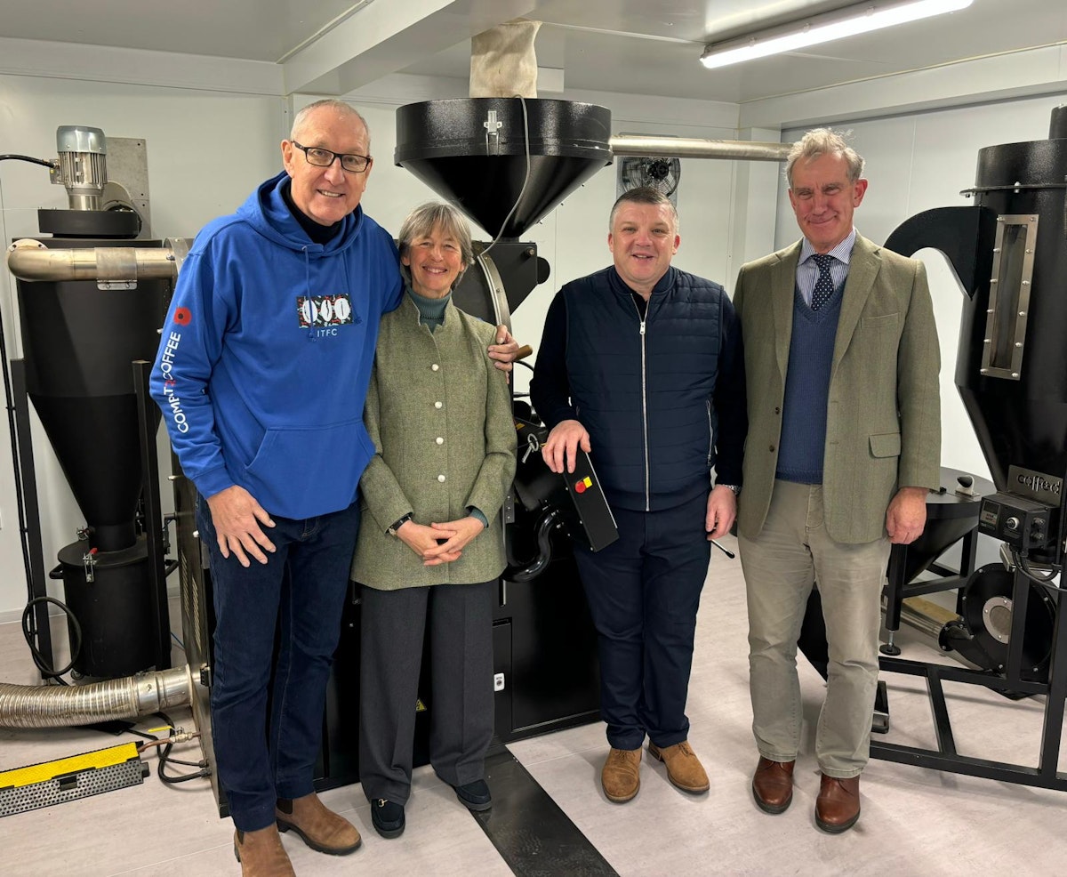 Mr and Mrs Rous, Nigel Seaman and Terry Butcher in the new portable roastery
